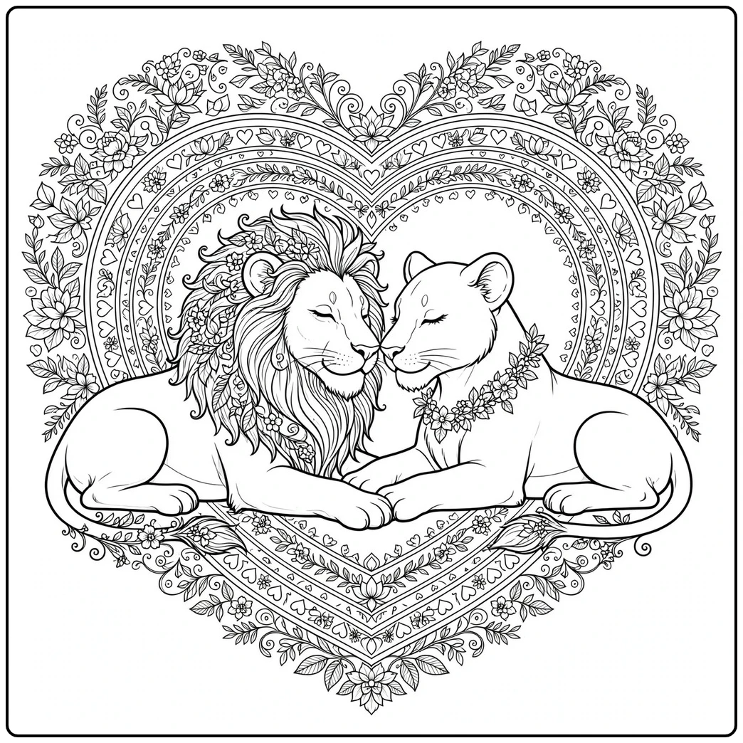Male lion and lioness touch noses inside an elaborate floral heart mandala