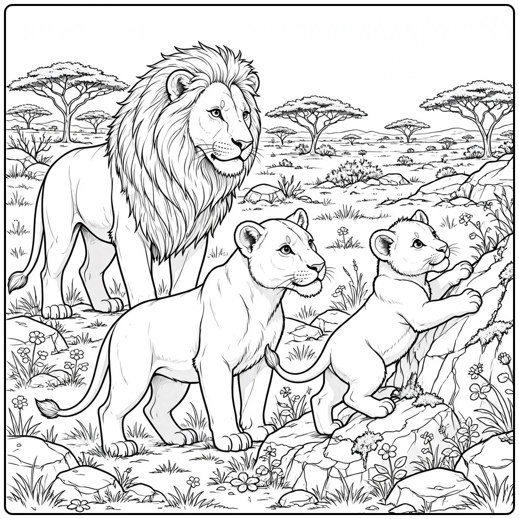 Lion parents watch their cub climb a rocky ledge across the open savanna