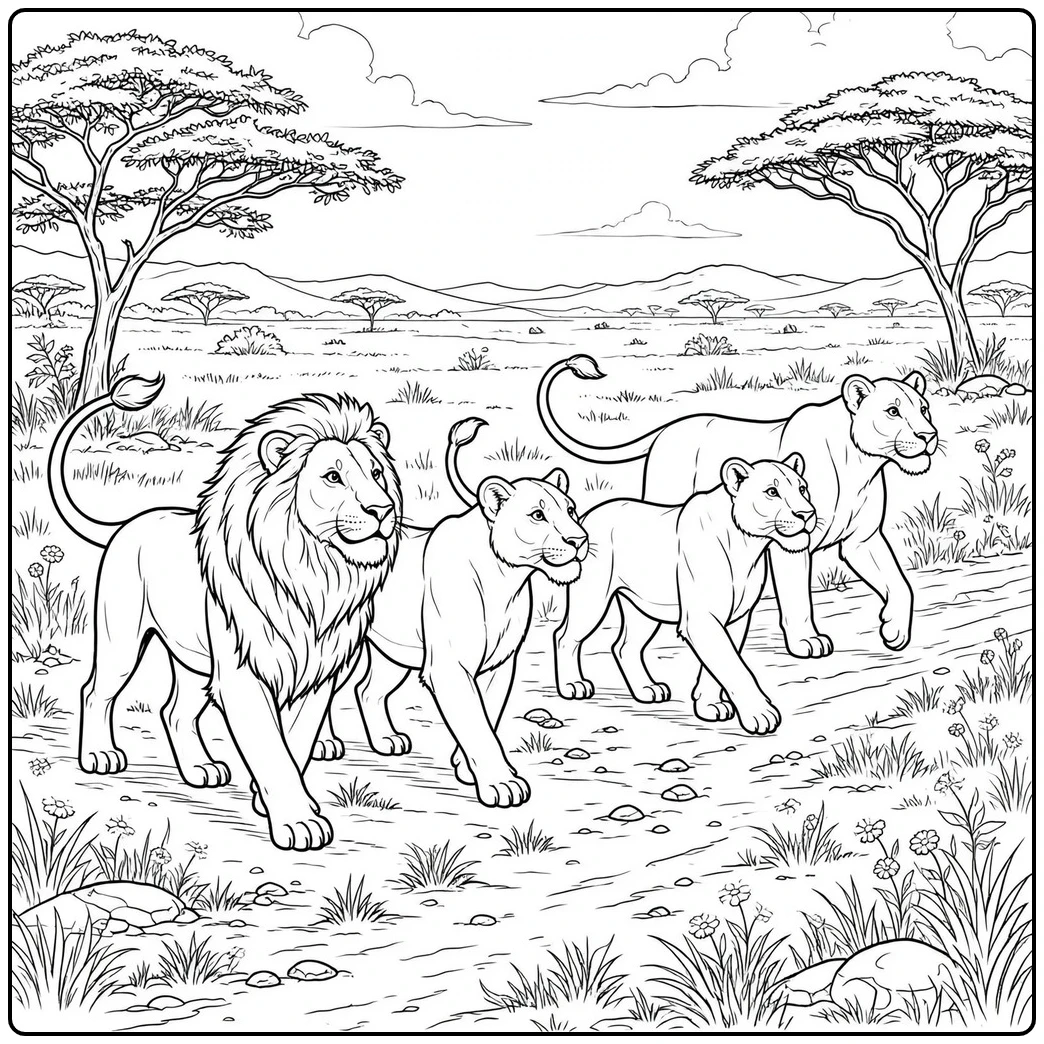 Male lion and three lionesses walk together across an open flowered savanna