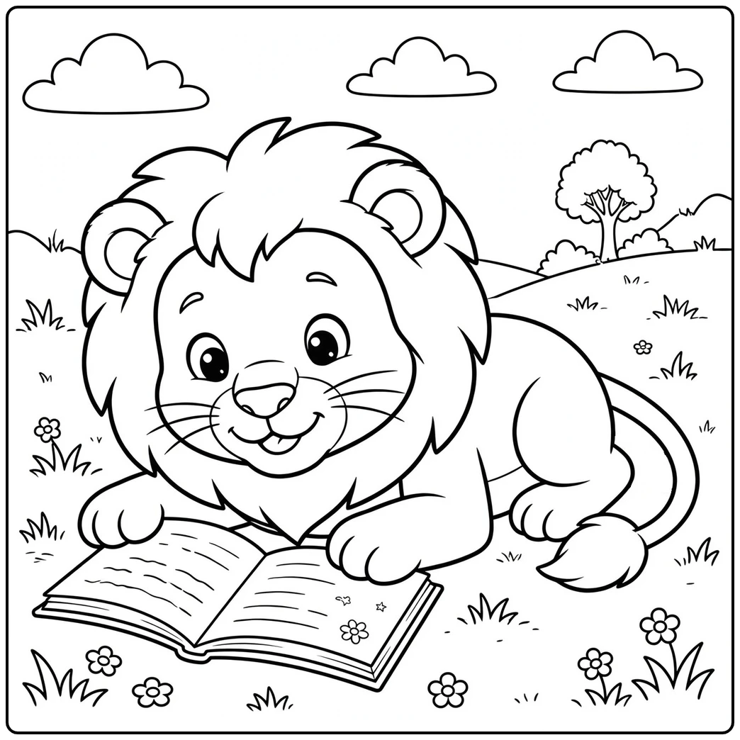 Reading lion rests over an open book in a cute lion coloring page with flowers