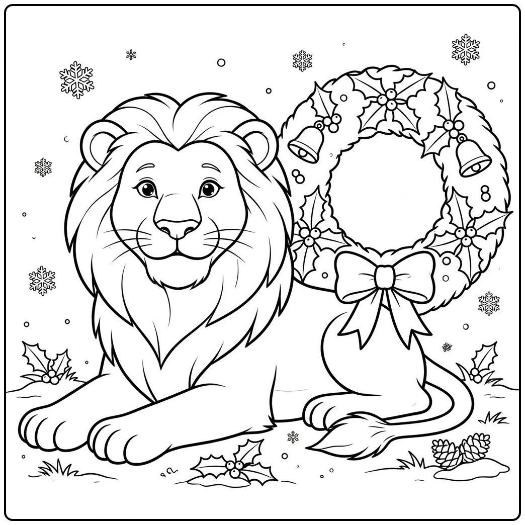 Resting lion beside a wreath on a christmas lion coloring page with snowflakes