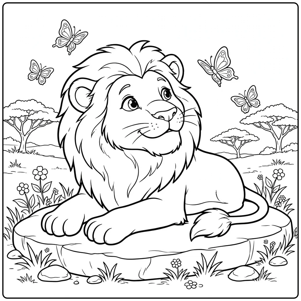 Relaxed male lion rests on a flat rock while butterflies circle above his mane