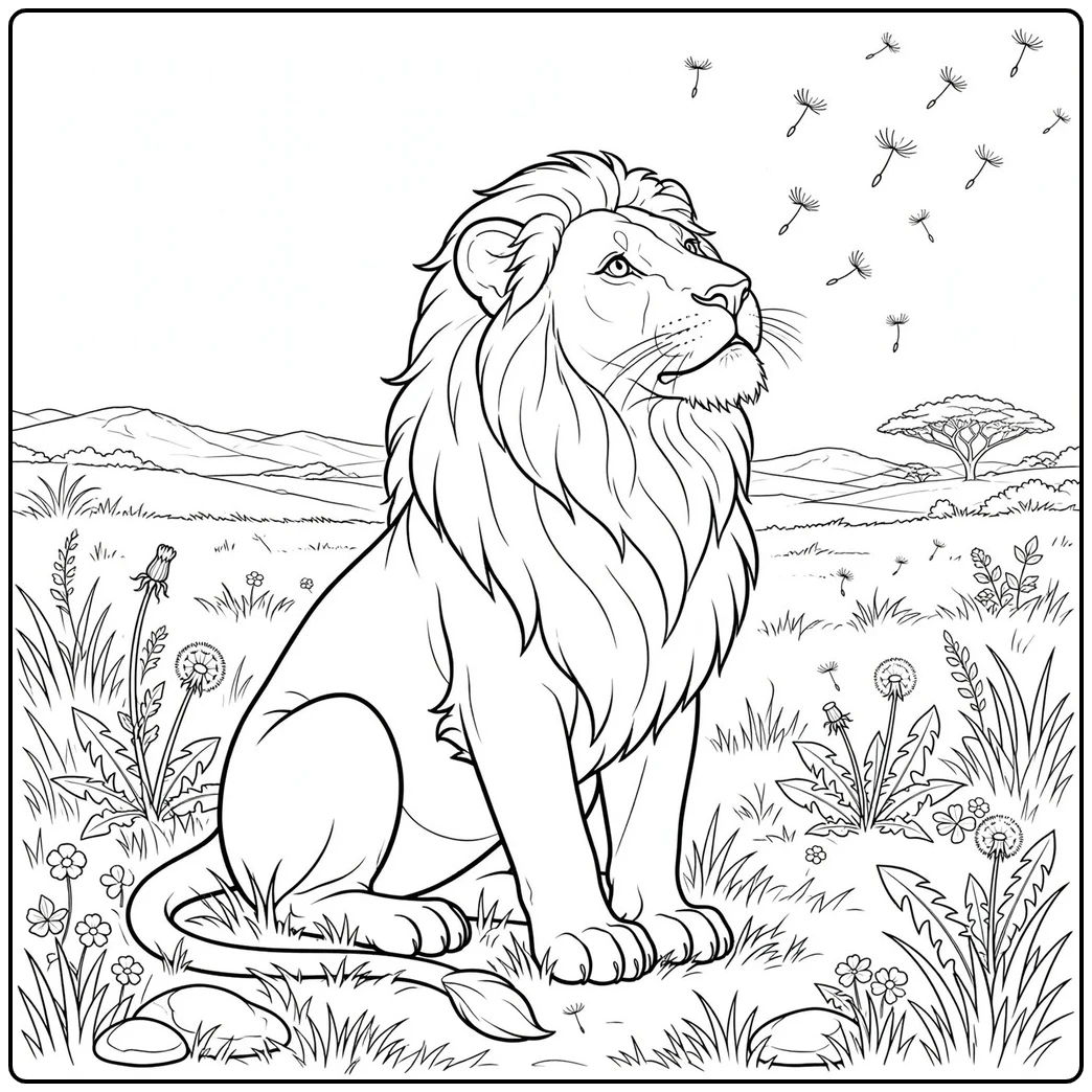 Male lion watches floating dandelion seeds in a lion coloring page on open savanna