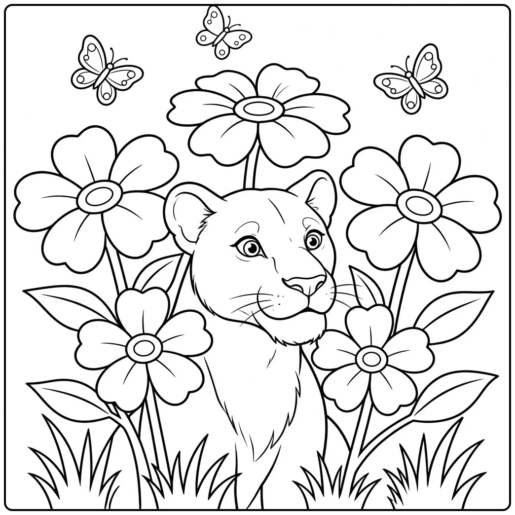 Lioness peeks between oversized flowers while butterflies flutter overhead