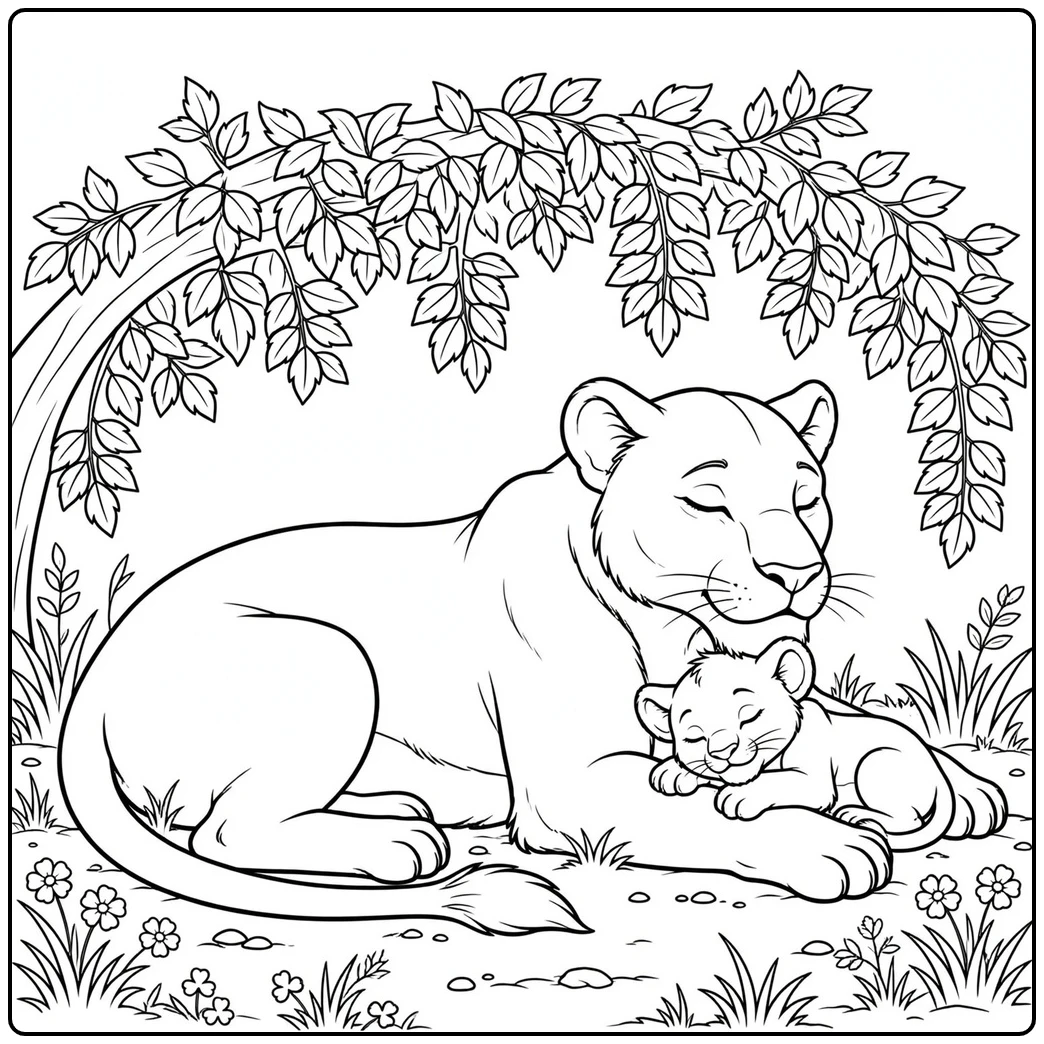 Relaxed lioness rests beneath leafy branches while her cub cuddles against her foreleg