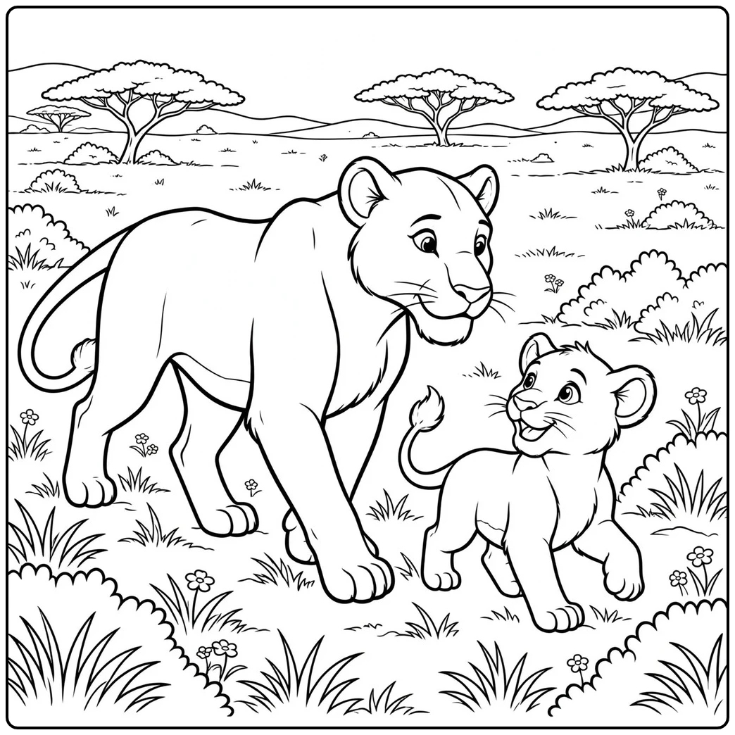 Lioness and cub walk together through flowers in a lion coloring page for kids