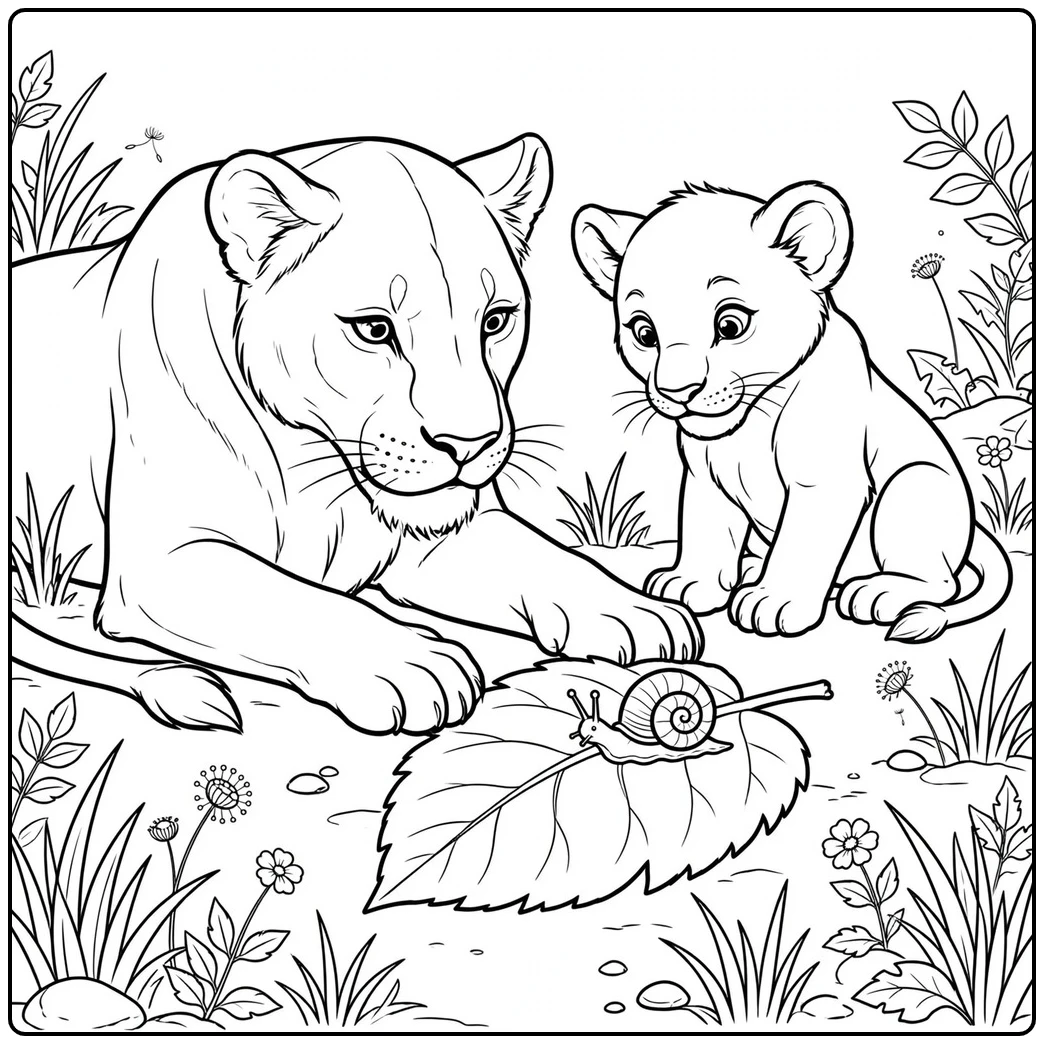 Lioness and cub study a snail crawling across a large leaf in the grass