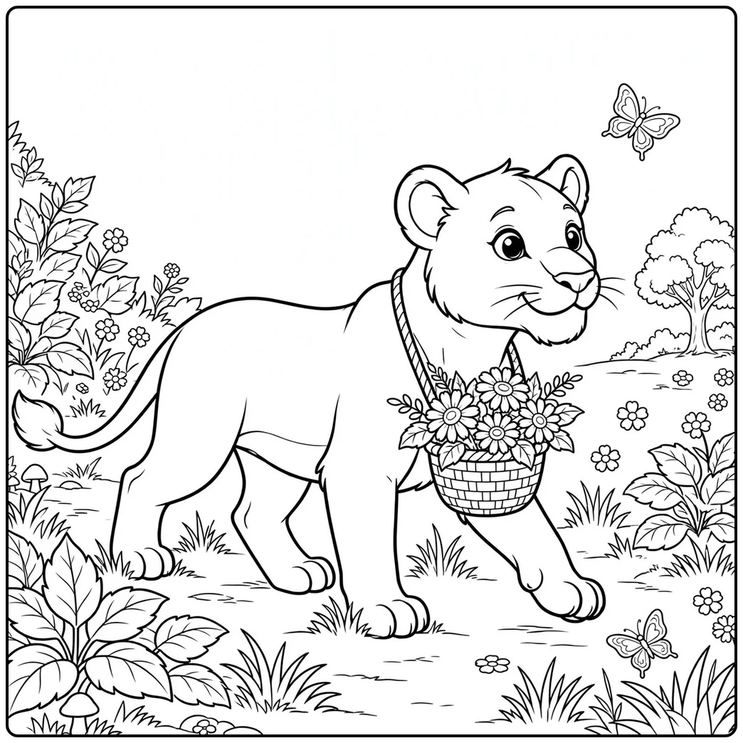 Cute lion coloring page featuring a lioness carrying a flower basket among butterflies
