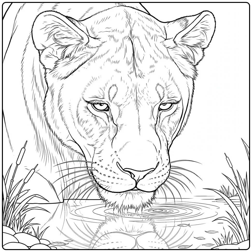 Lioness lowers her muzzle to water in a realistic lion face coloring page