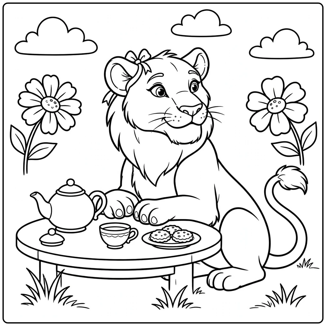 Smiling lioness enjoys tea and cookies at a small outdoor table with flowers