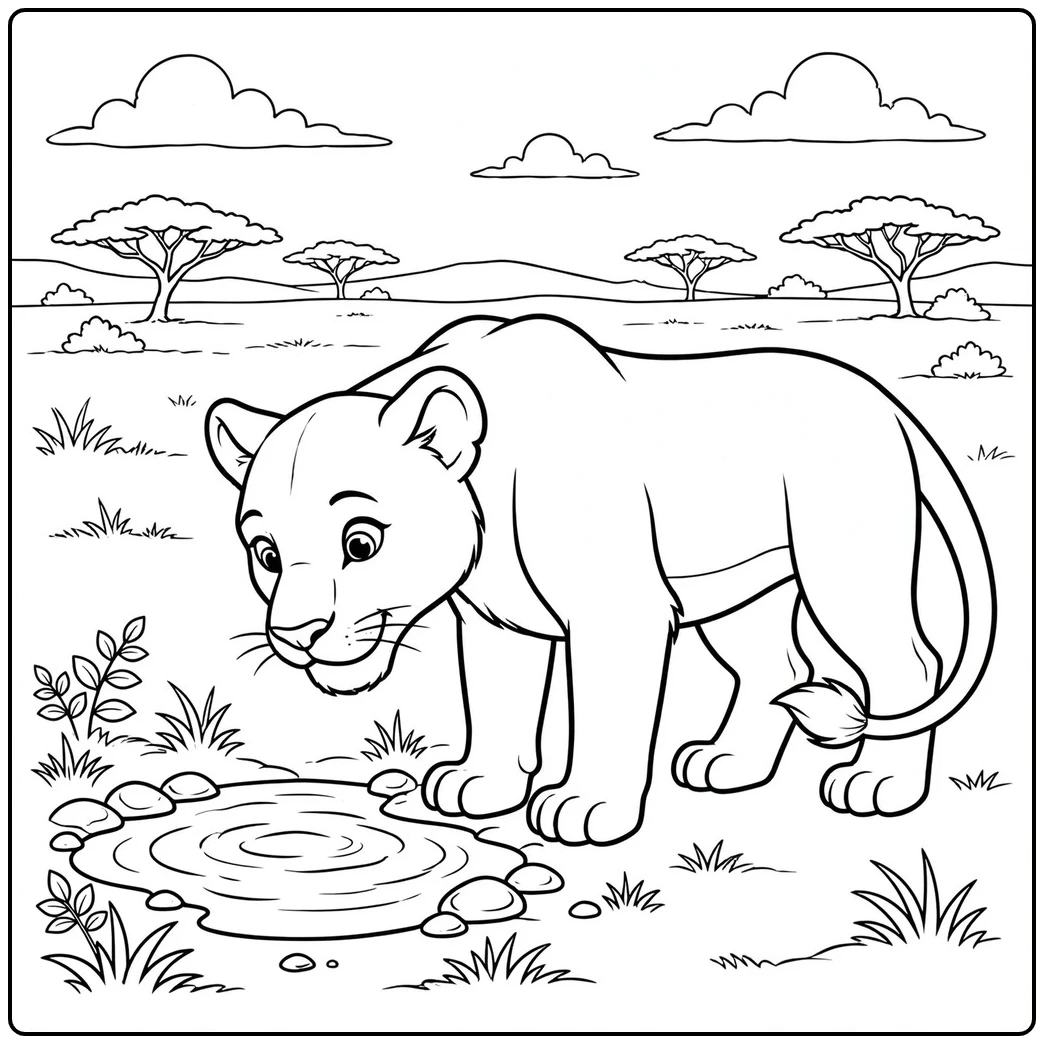 Lioness lowers her head toward a small waterhole surrounded by grass and stones