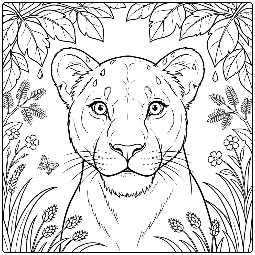 Alert lioness portrait surrounded by leafy branches, flowers, and raindrops