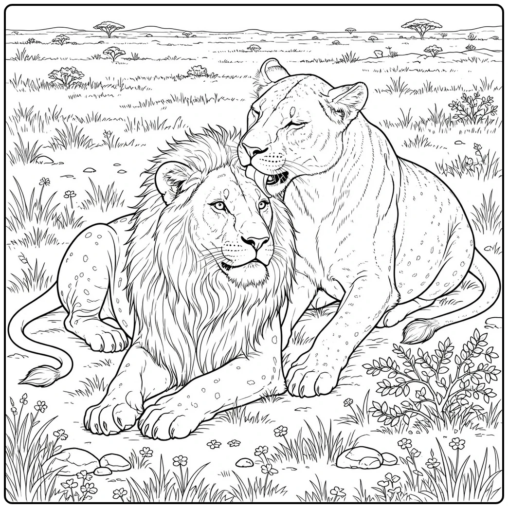 Lioness gently grooms a resting male lion in a quiet savanna setting