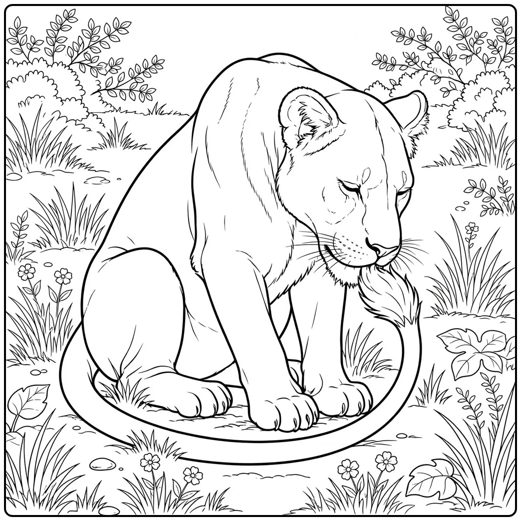 Seated lioness curls her tail forward while gently grooming the tufted tip
