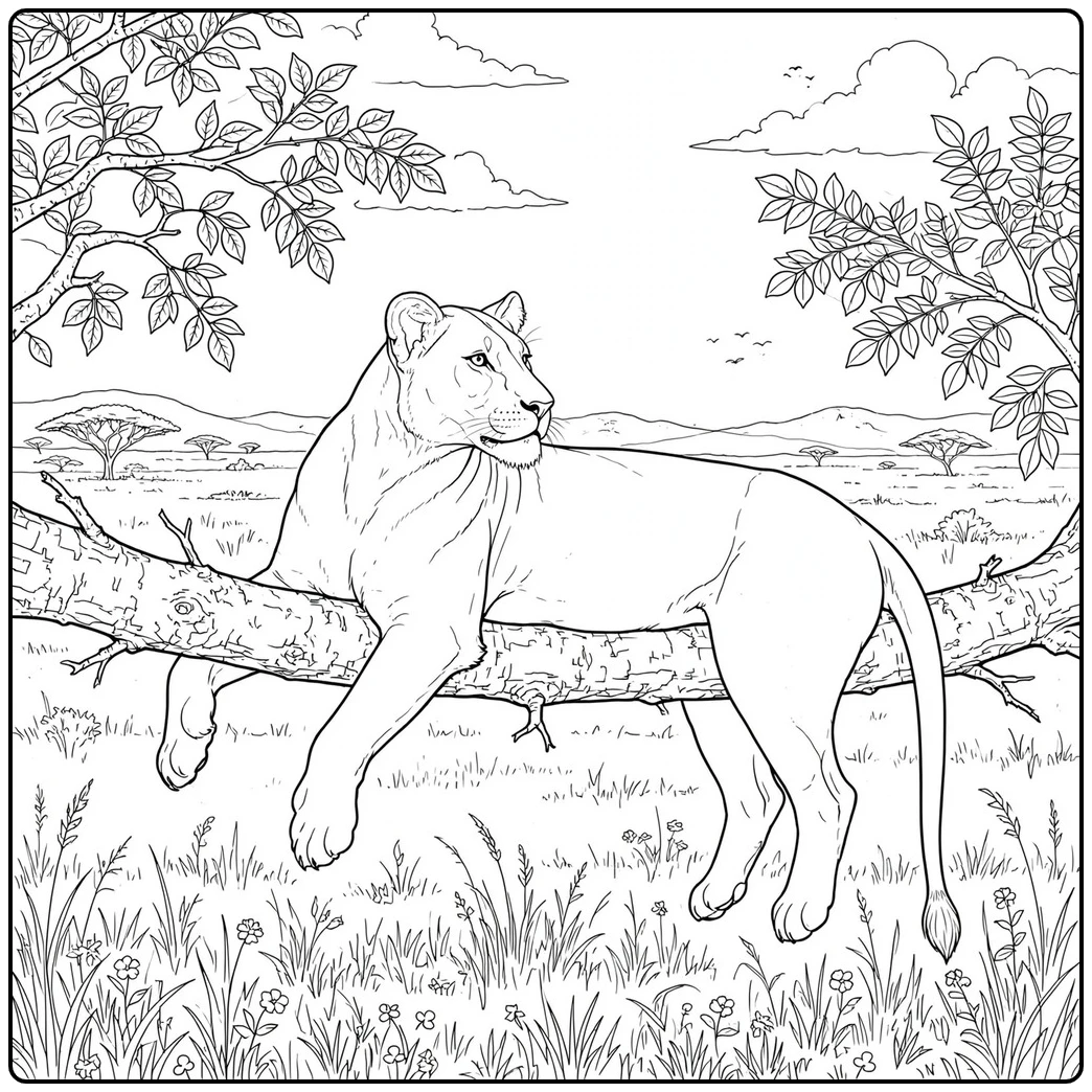 Lioness relaxes across a low tree branch above a flowered African grassland