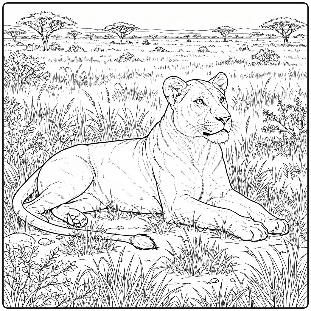 A resting lioness in tall grass makes a realistic lion coloring page scene