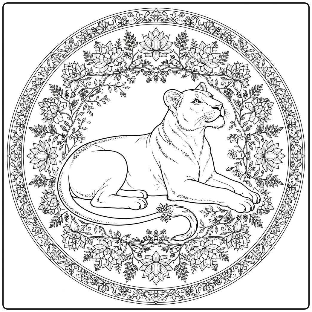 Resting lioness framed by flowers in an ornate lion mandala coloring page