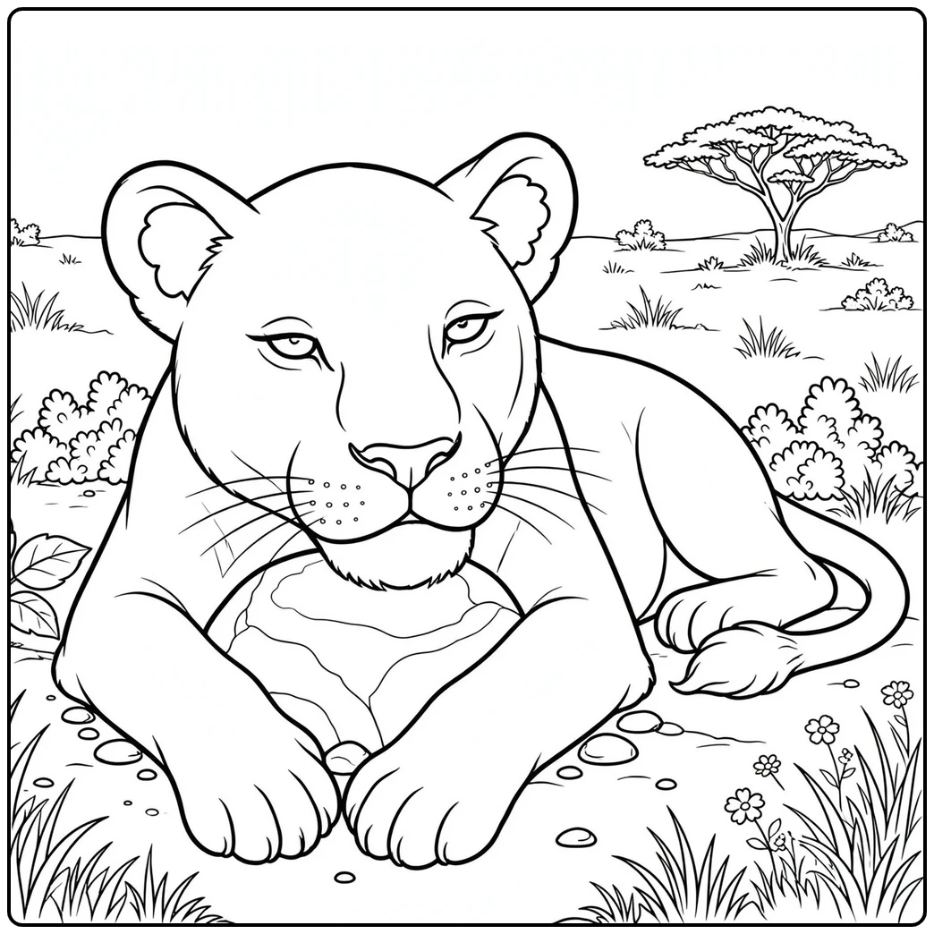 Resting lioness coloring page with her chin on a smooth rock beside wildflowers