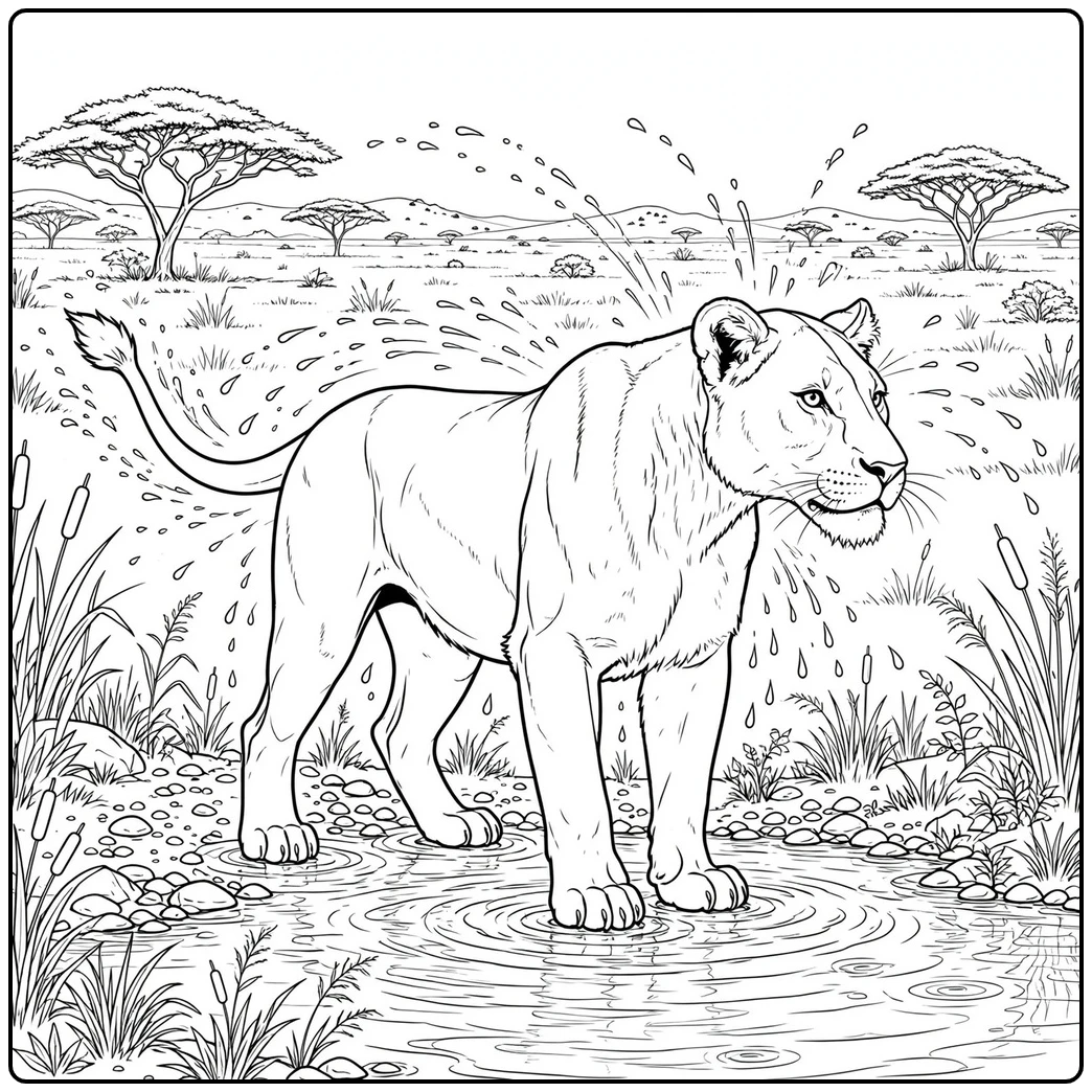 Wet lioness shakes off water beside a shallow stream with reeds and acacia trees