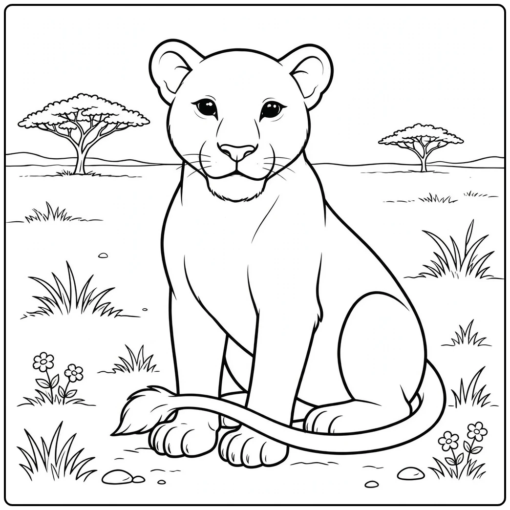 Seated lioness curls her long tail around her front paws on open grassland
