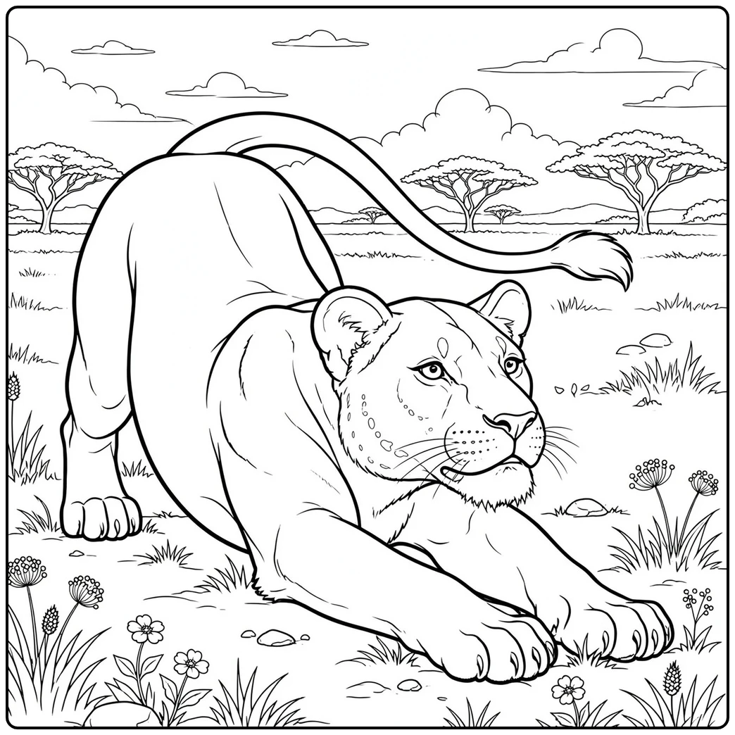 Stretching lioness lowers her chest and extends both front paws across the grass