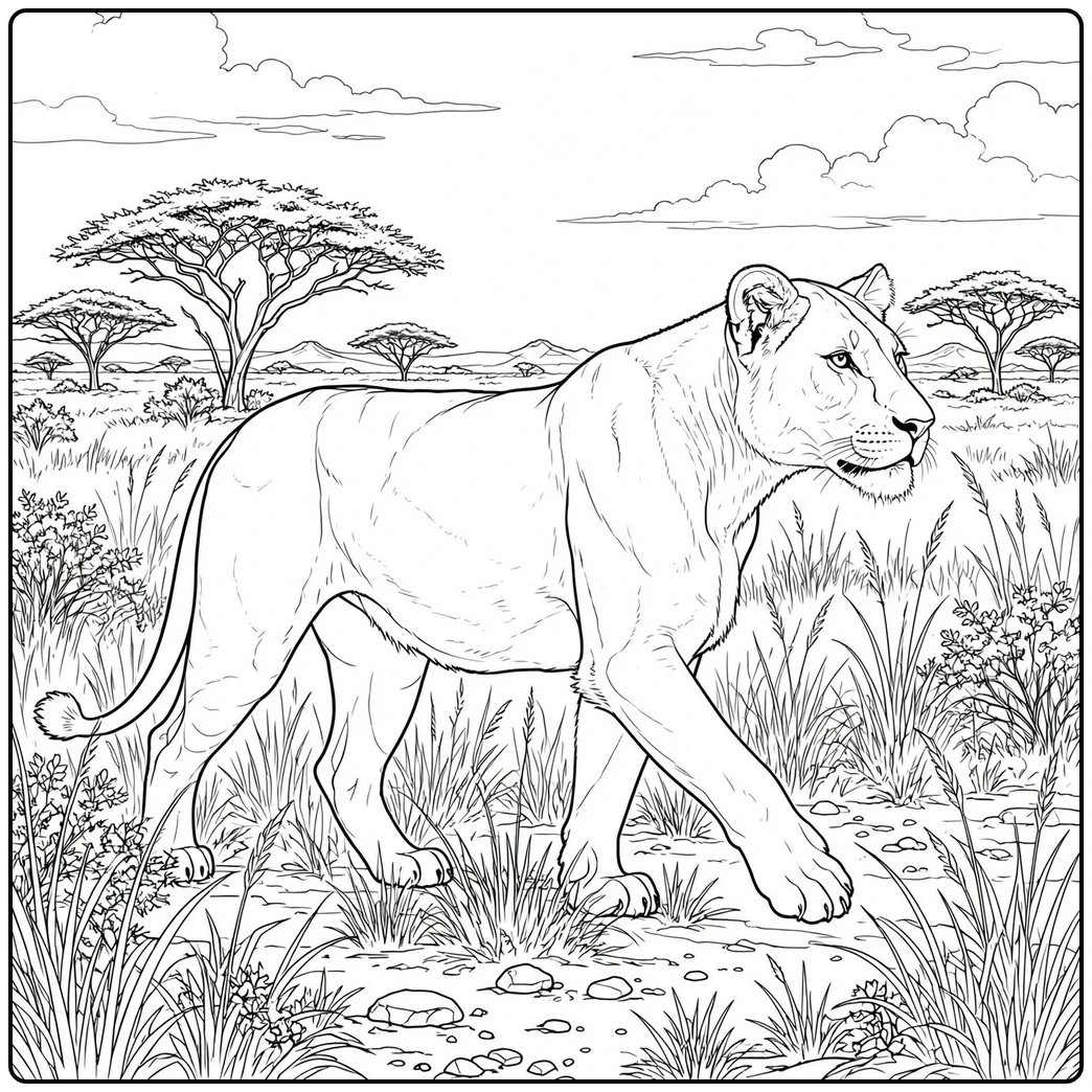 Lioness strides through tall savanna grass beneath an open sky