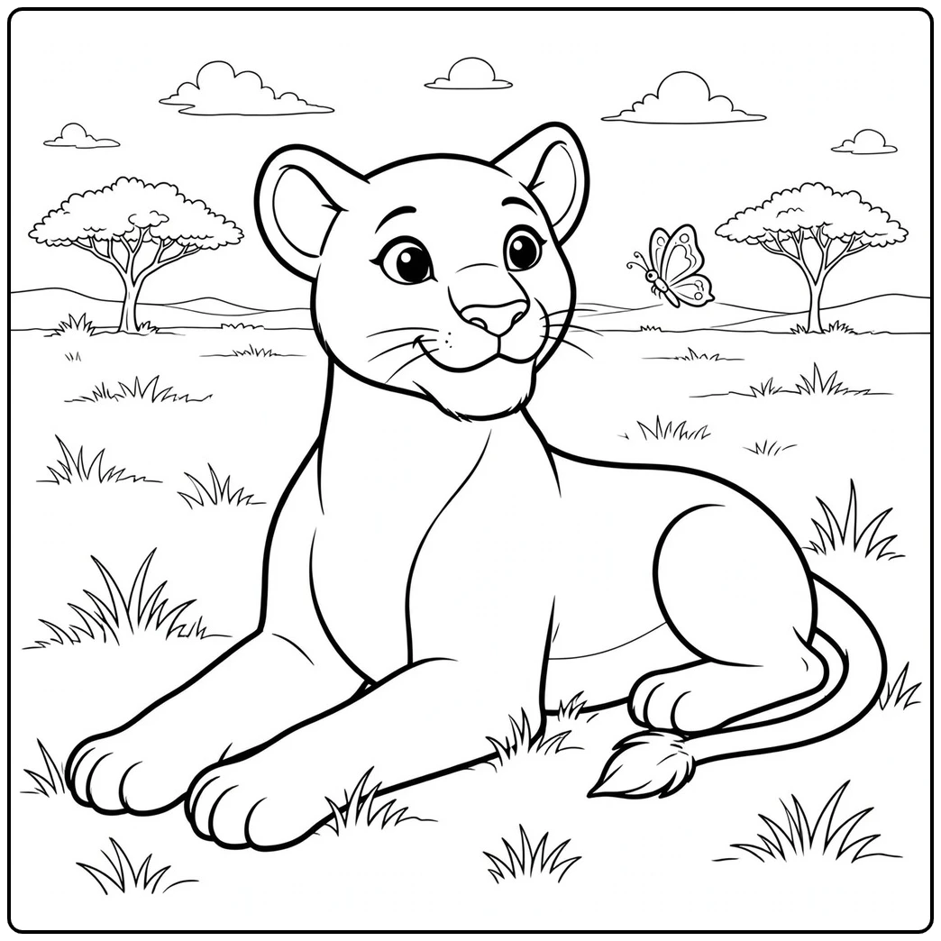 Curious lioness watches a butterfly in this lion coloring page for kids