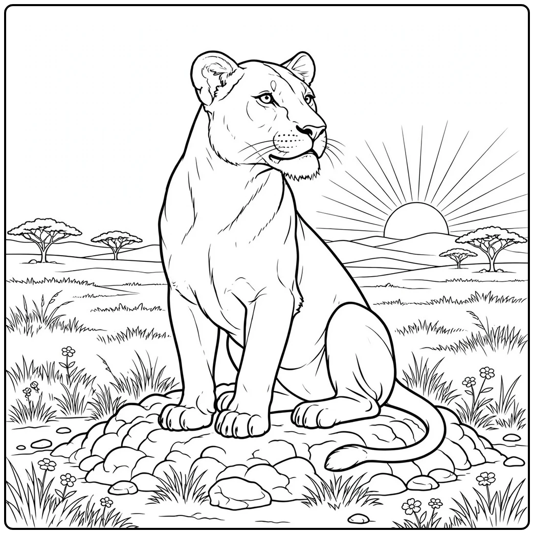 Adult lioness sitting on a rocky mound as the sun rises over the savanna