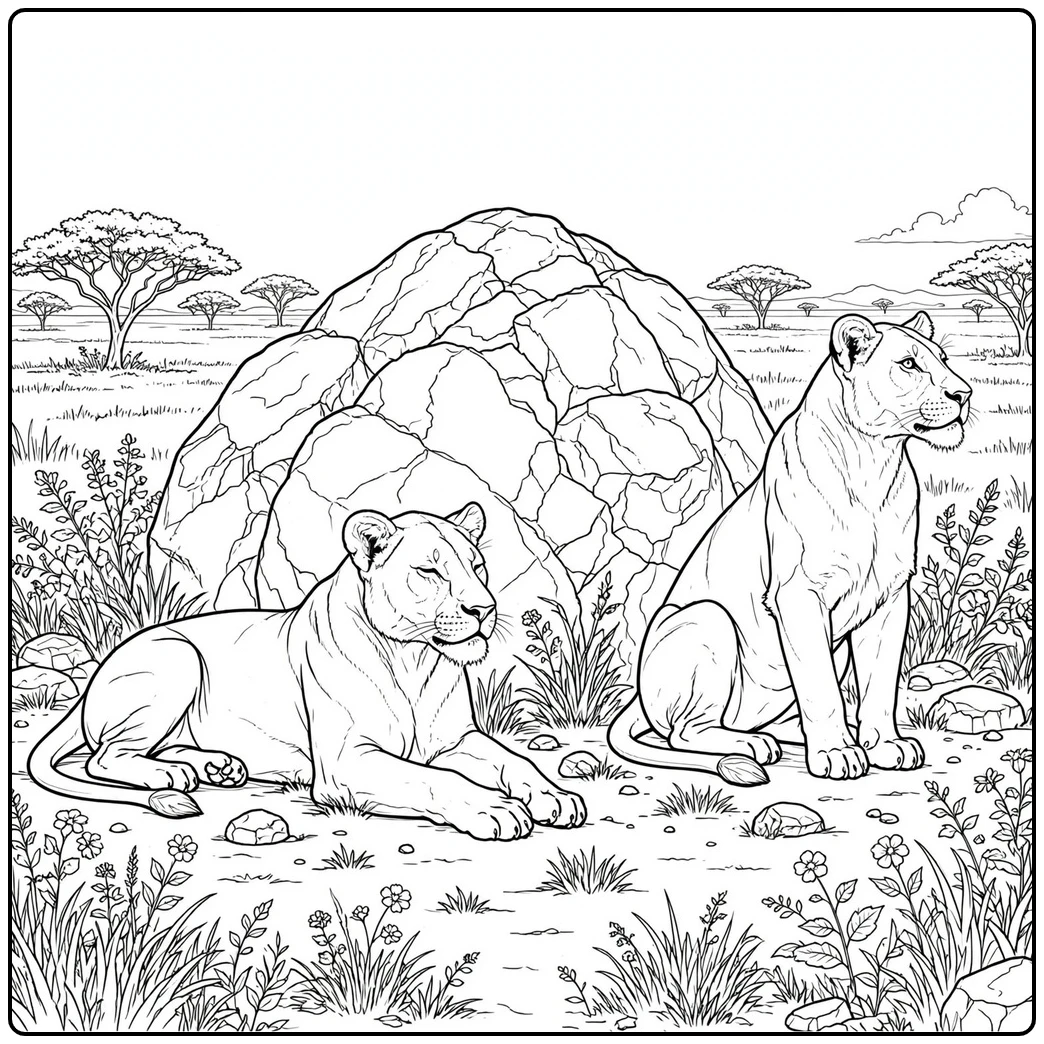 Two lionesses rest beside a cracked boulder among flowers and savanna grass