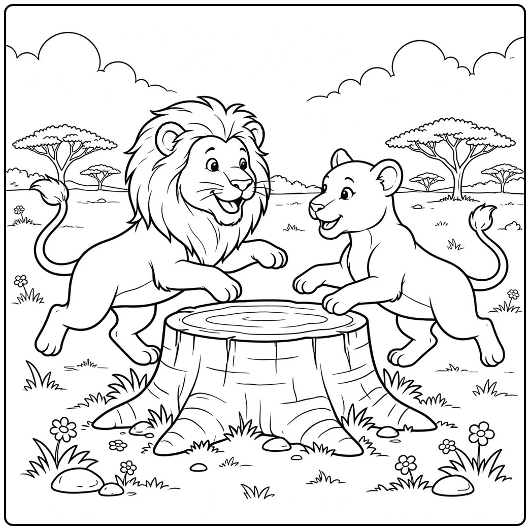 Male lion and lioness play around a tree stump on a flower-dotted savanna