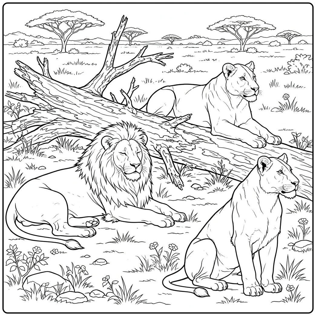 Male lion and two lionesses rest around a fallen tree on the grassland