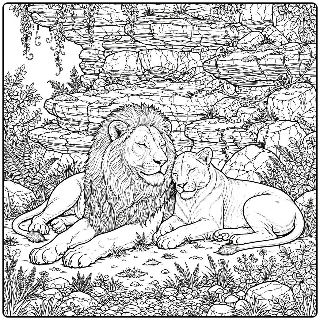 Male lion and lioness rest before a layered rock wall surrounded by dense plants
