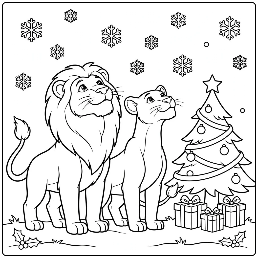 Male lion and lioness watch snowfall beside a decorated Christmas tree and gifts