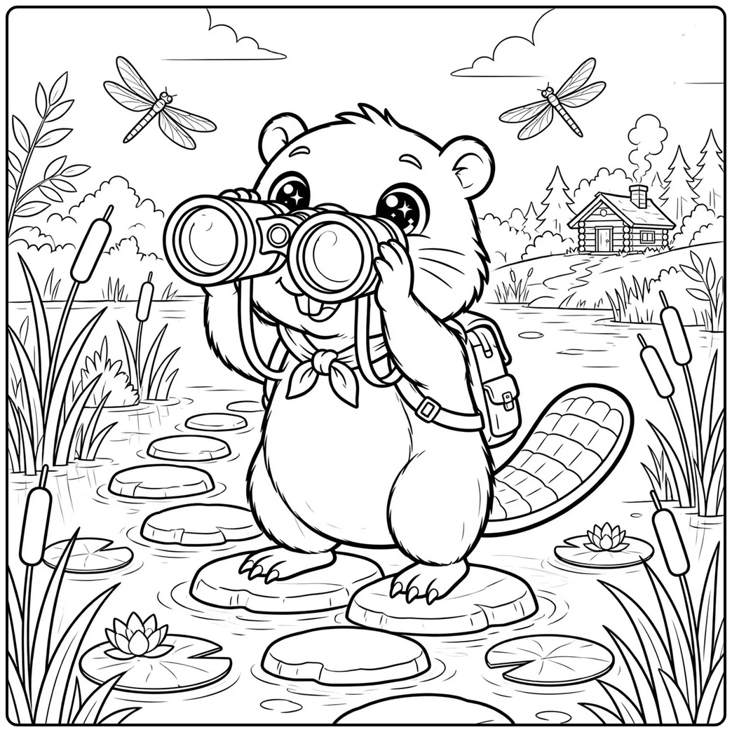 An adventurous beaver peers through binoculars on stepping stones near a woodland pond