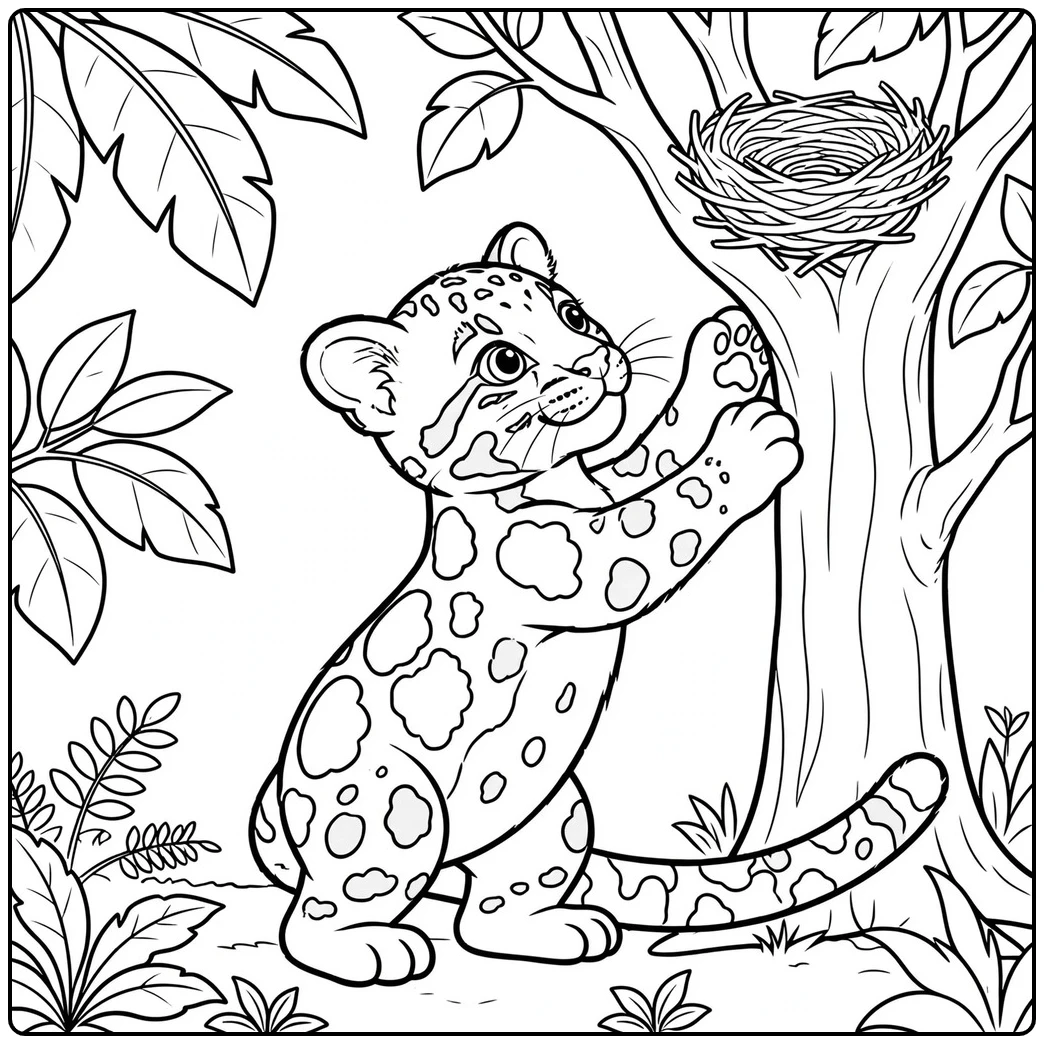 Curious clouded leopard coloring page reaching toward an empty bird nest in a tree