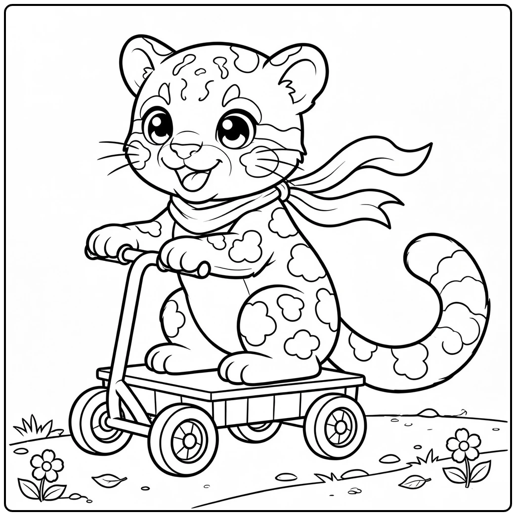 Happy clouded leopard cub riding a four-wheeled scooter with a flowing scarf