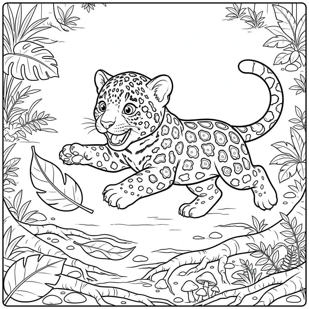 Young jaguar chasing a falling leaf over tree roots on a detailed jungle coloring sheet