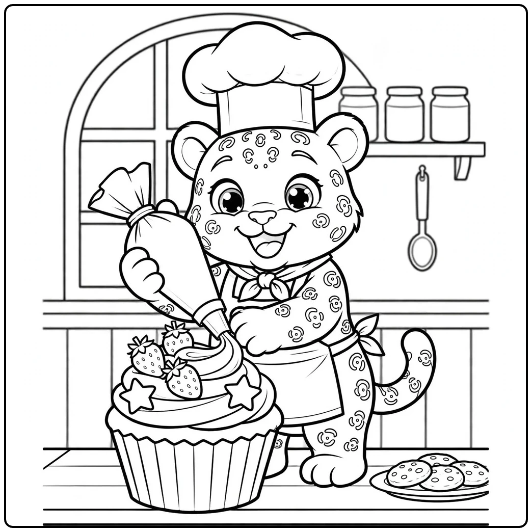 Cute jaguar coloring page with a smiling little chef decorating a cupcake with strawberries