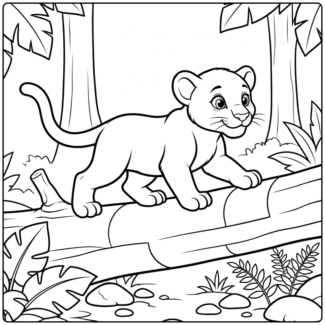 Baby panther coloring page featuring a young cub walking along a fallen tree in the jungle