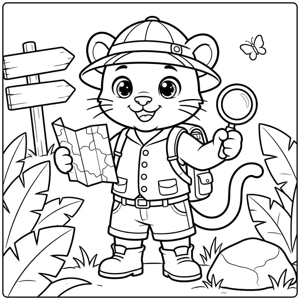 Panther explorer holding a map and magnifying glass among jungle leaves