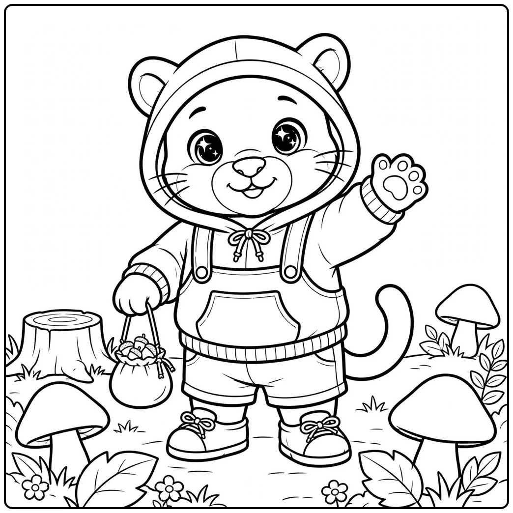 Little panther in a hoodie and overalls waving beside forest mushrooms