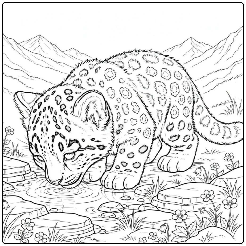 A spotted cub drinking beside alpine flowers in a baby snow leopard coloring page