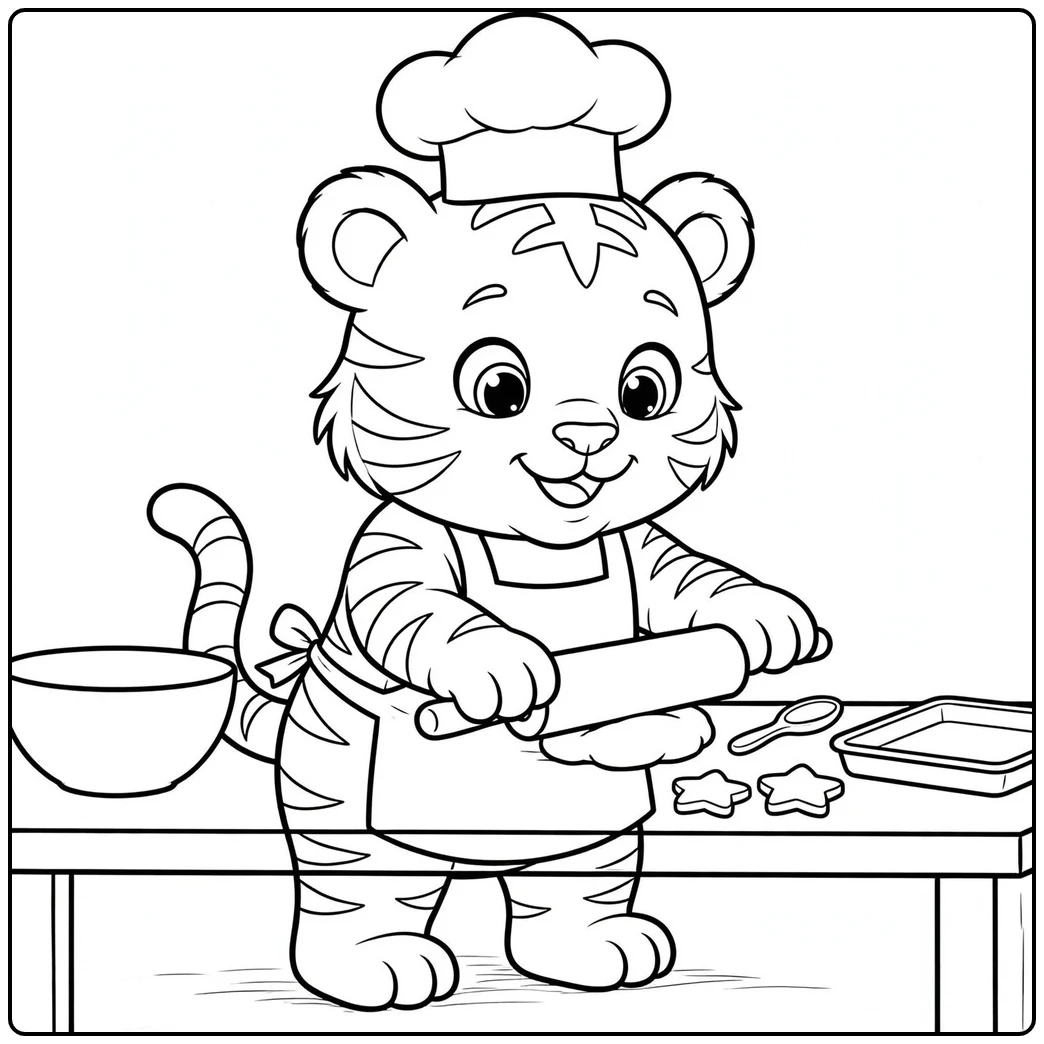 Little tiger baker rolls dough beside a bowl, spoon, and star-shaped cookies