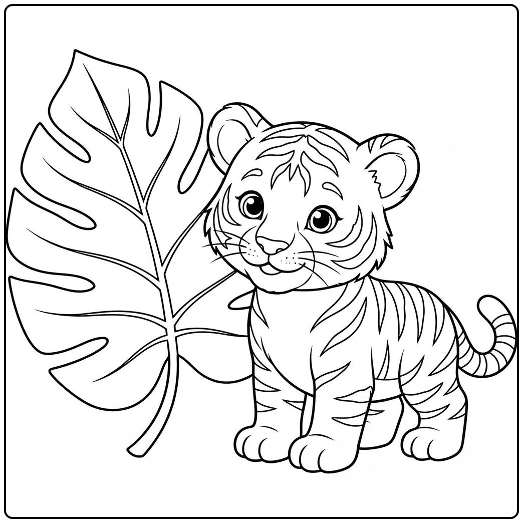 Small tiger cub standing calmly beside one oversized tropical leaf
