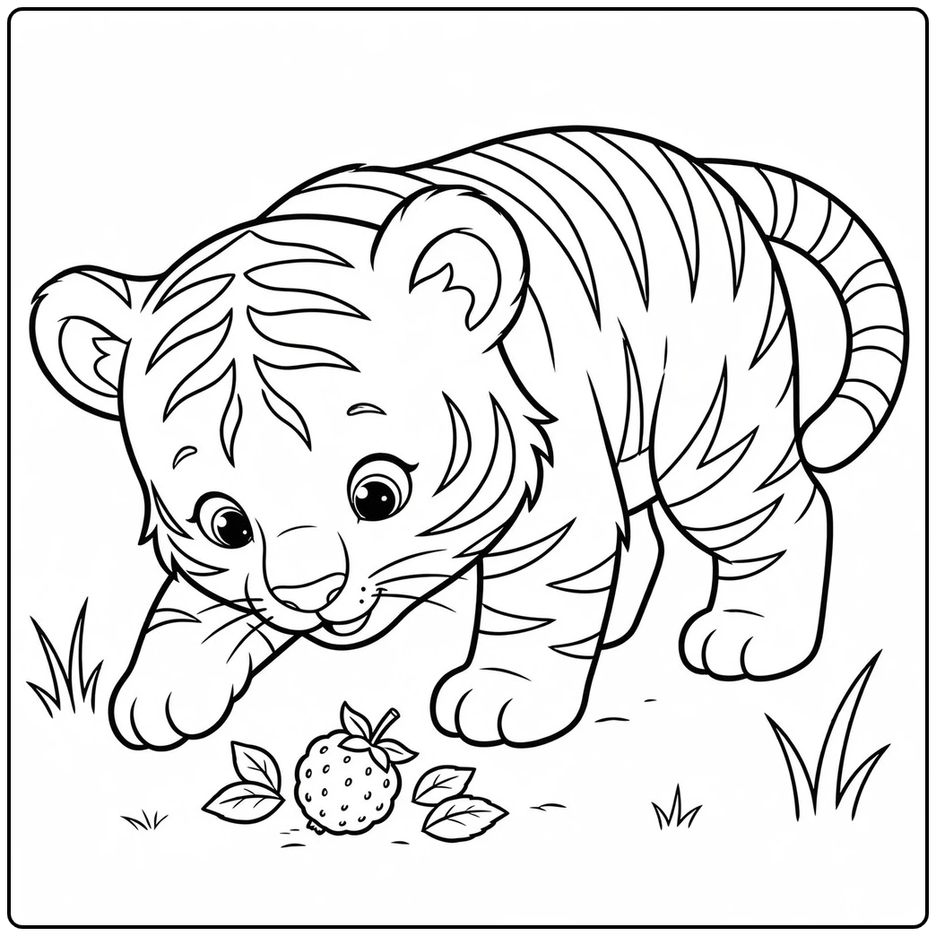 Curious cub inspecting a berry in an easy cute baby tiger coloring page