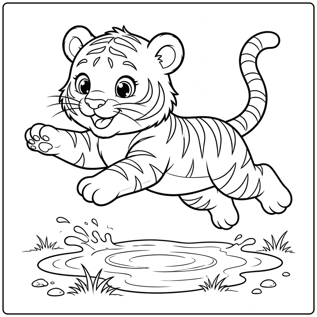 Happy tiger cub leaping over a puddle with paws lifted above the water
