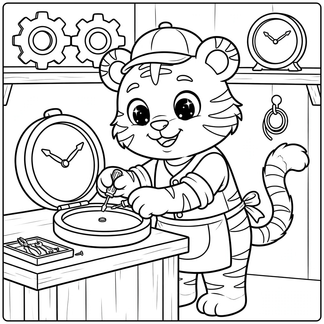 Tiger clock repairer working at a bench in a cute tiger coloring page