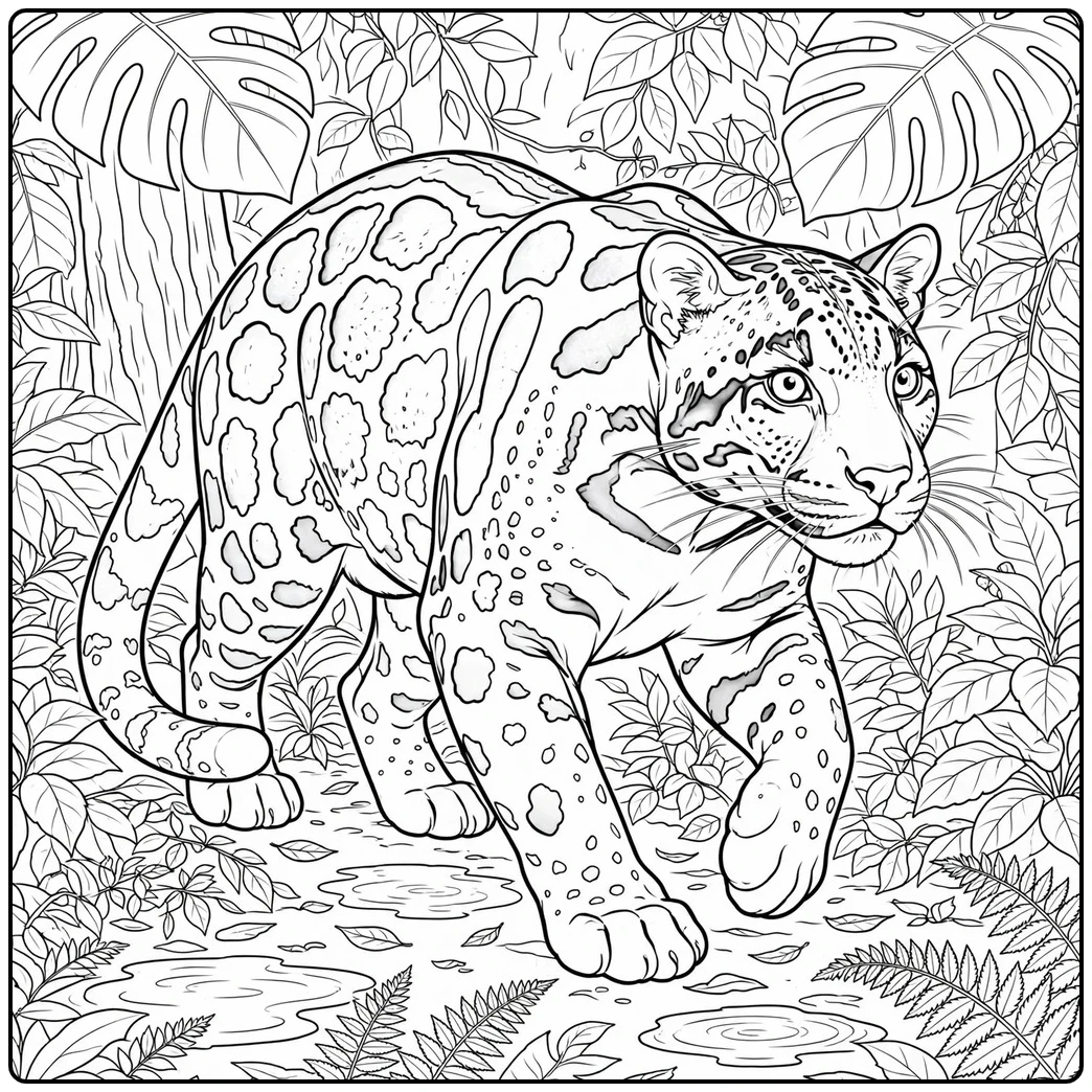 Adult clouded leopard walking through dense rainforest foliage and leafy plants