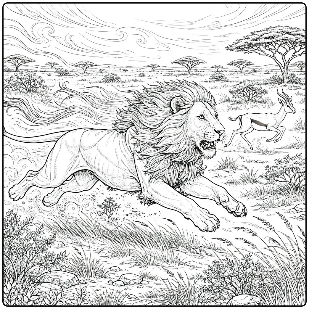 Charging male pursues a gazelle across the savanna in a hard lion coloring page