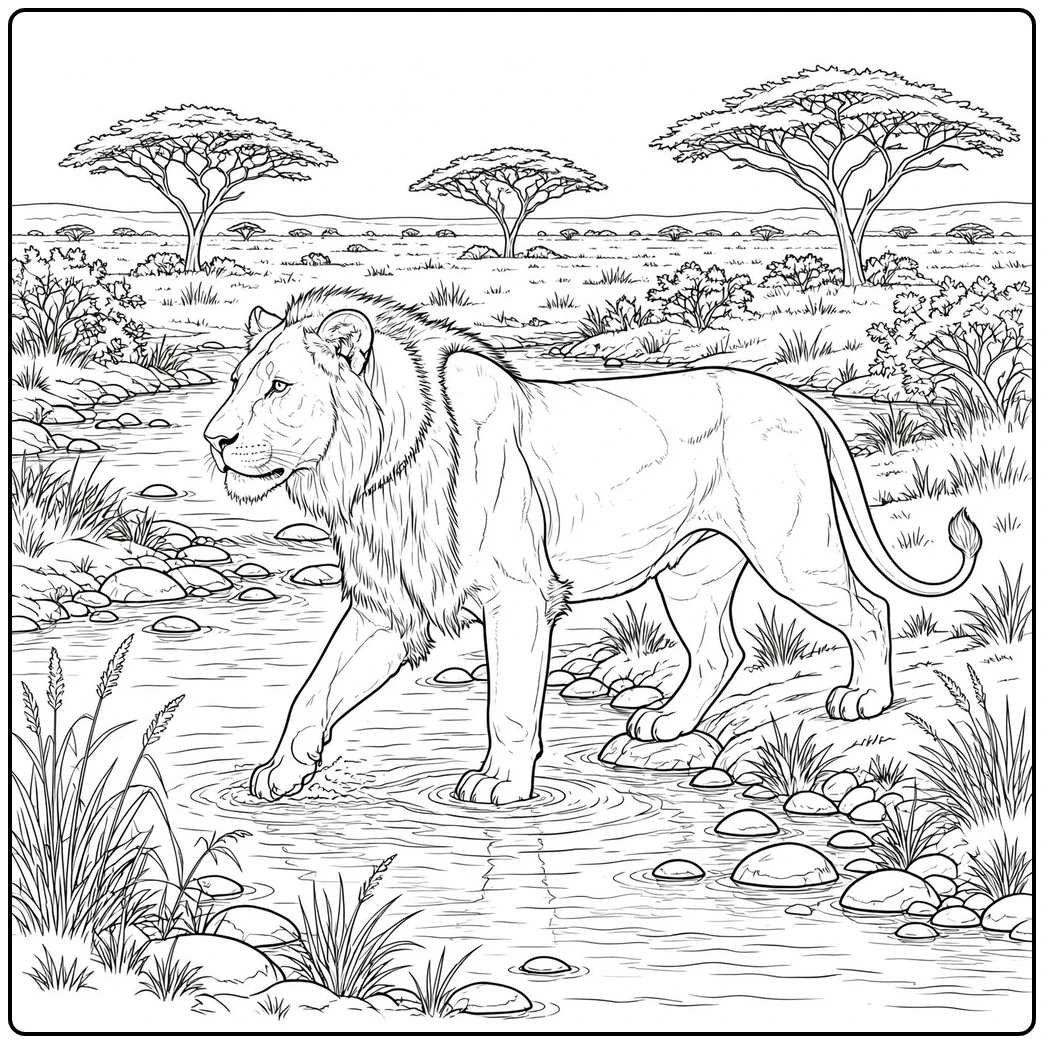 Male lion wades through a shallow rocky stream in a detailed savanna scene